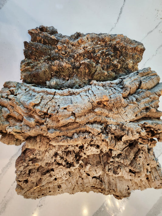 Two pounds of I Heart Bugs Cork Bark Flats rest on a white marble surface. The textured bark, ideal for bioactive vivariums or isopod bins, features deep grooves, holes, and natural tan, grey, and brown patterns.