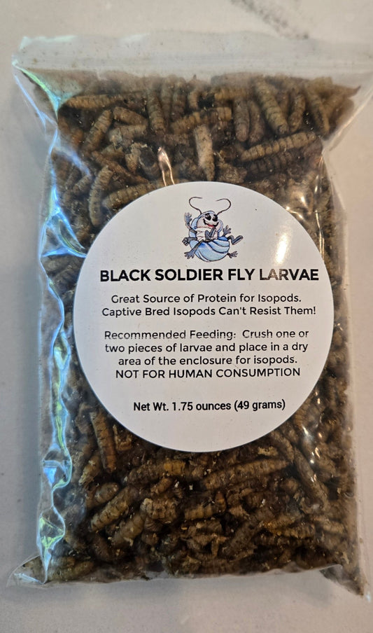 A clear plastic bag labeled “Dried Black Soldier Fly Larvae” by I Heart Bugs contains dried larvae, a protein-rich isopod food. Not for human consumption. Feeding instructions and weight information are provided on the package.