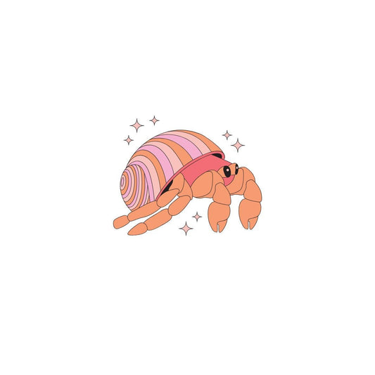 A cute cartoon hermit crab with an orange body and a pink spiral shell smiles as pink stars sparkle around it on a white background. Perfect for fans of the Hermit Crab Bioactive Clean-Up Crew Pack by I Heart Bugs.