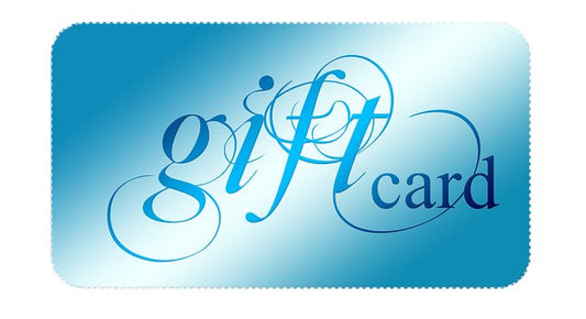 The I Heart Bugs Gift Card features a glossy blue rectangle with rounded corners and a gradient background. “Gift” is in large, elegant script, while “card” is smaller on the right. A stylish choice for any I Heart Bugs fan.