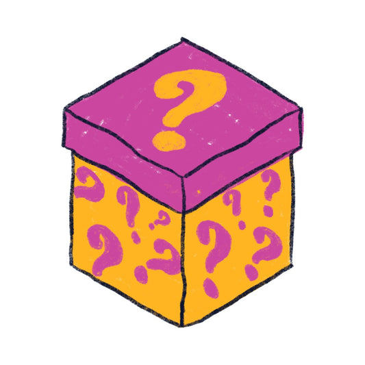 The I Heart Bugs Isopod/Springtail Mystery Box features a colorful cartoon design with a purple lid, orange sides, and pink question marks, outlined in black on white—perfect for adding surprise and fun to your collection.