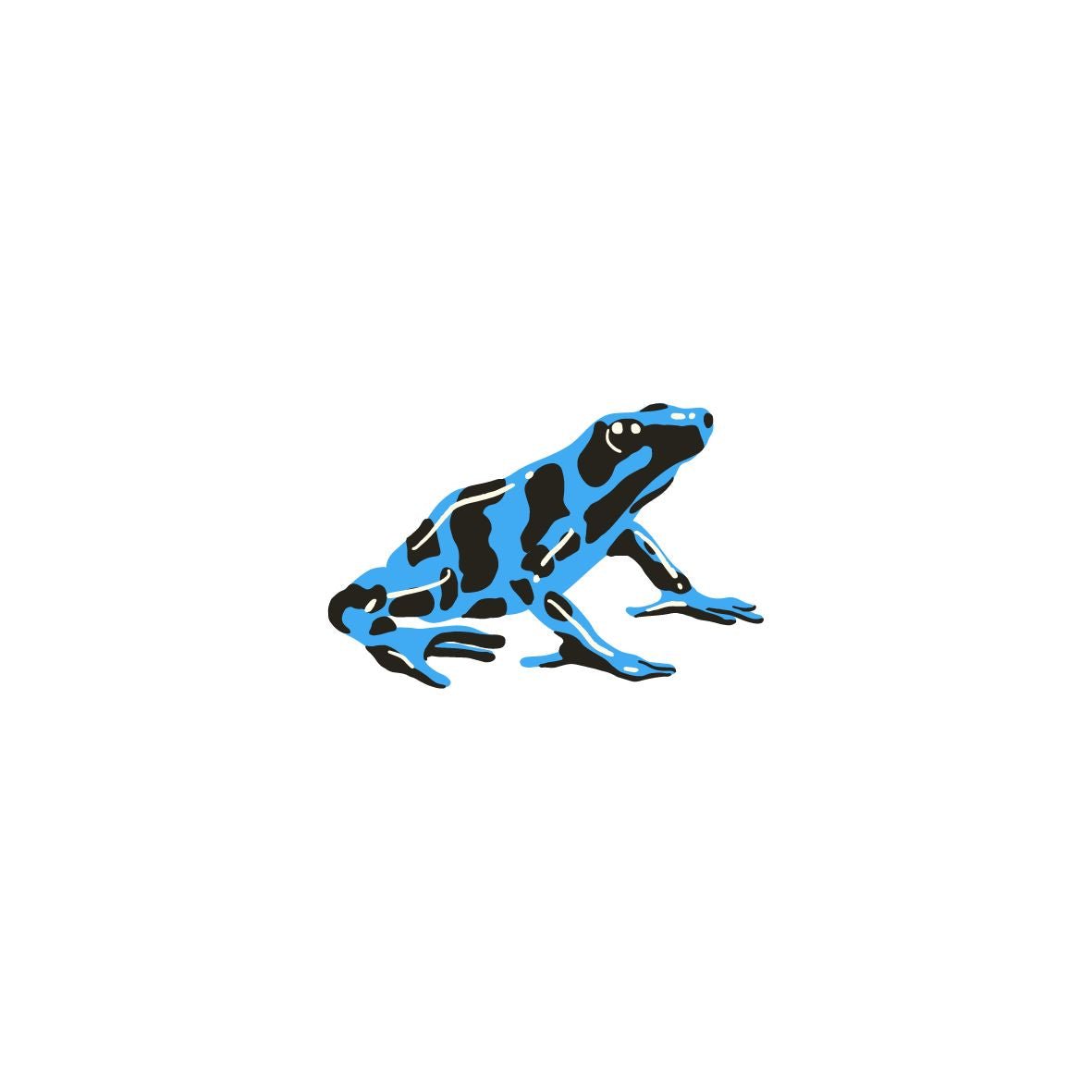 Showcase the I Heart Bugs Poison Dart Frog Bioactive Clean-Up Crew Pack: features a blue and black frog illustration with bold spots and stripes, right-facing on a white background—perfect for adding style to bioactive enclosures.