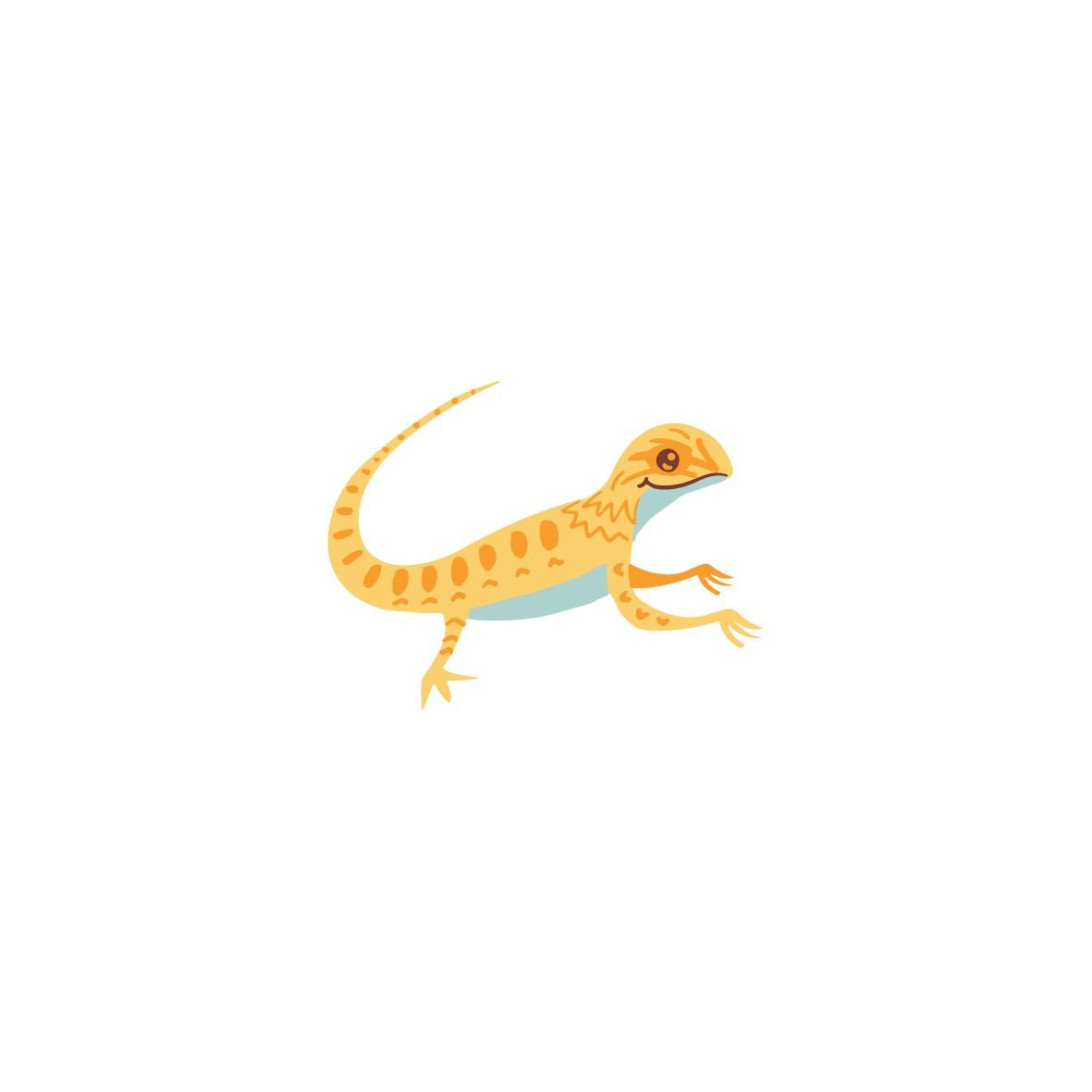 Illustration of an orange and yellow lizard with dark spots, curled tail, and light blue belly on a white background. Great for promoting I Heart Bugs Bearded Dragon Bioactive Clean-Up Crew Pack featuring isopods or springtails culture.