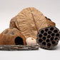 Hermit crab Decorative elements including a half coconut cave with a door opening, brown dried leaves, a cholla wood stick which has webbing like holes, a pink sea urchin shell, and a lotus seed pod on a white background