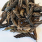 A collection of Fusilli Twisty Pods by I Heart Bugs, featuring dried pods with a spiral shape, brownish-green color, and rough texture, are scattered on a white background—ideal for adding unique decoration to aquariums.